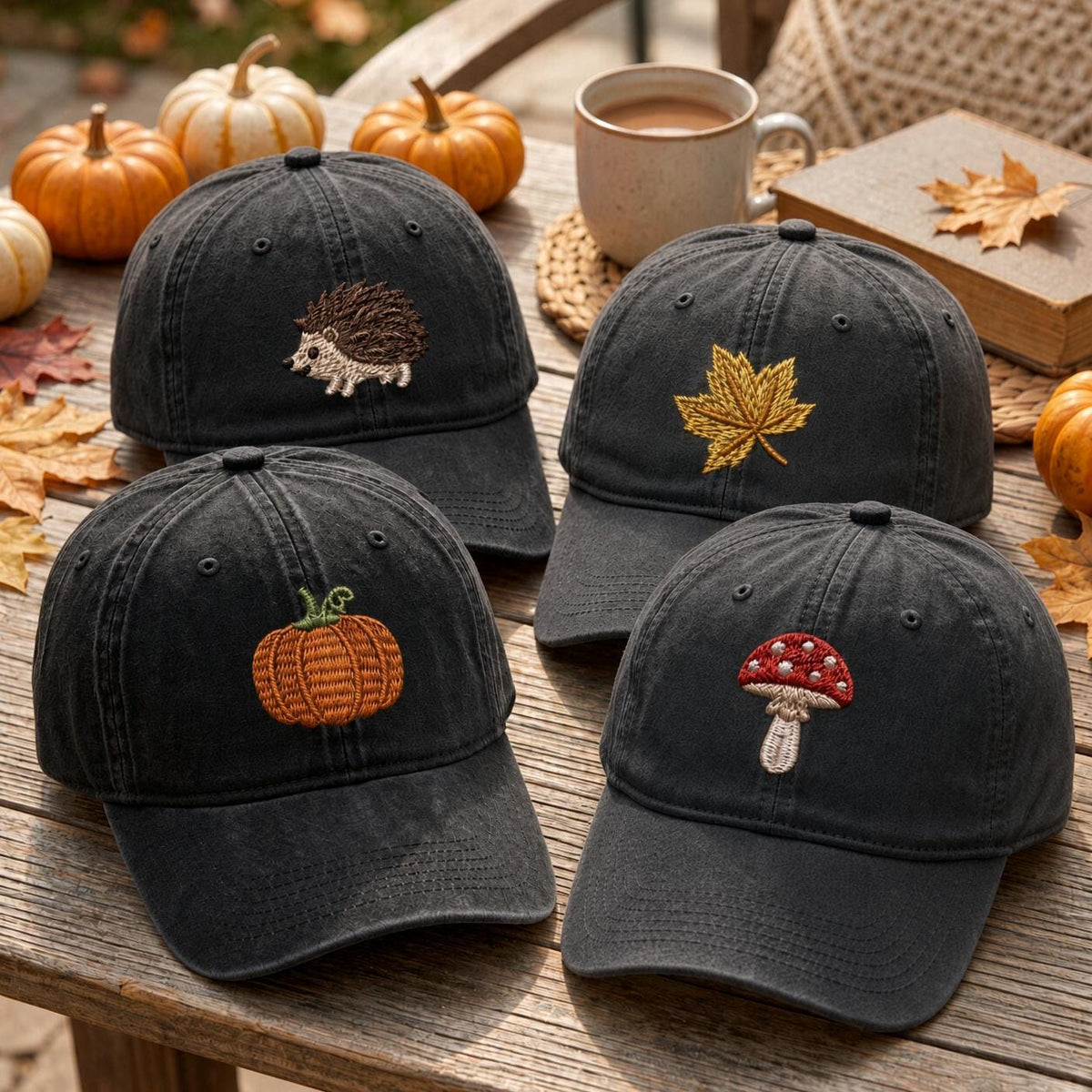 Cute Fall Animal Embroidered Hat, Mini Autumn Icons Baseball Cap, Thanksgiving Gift