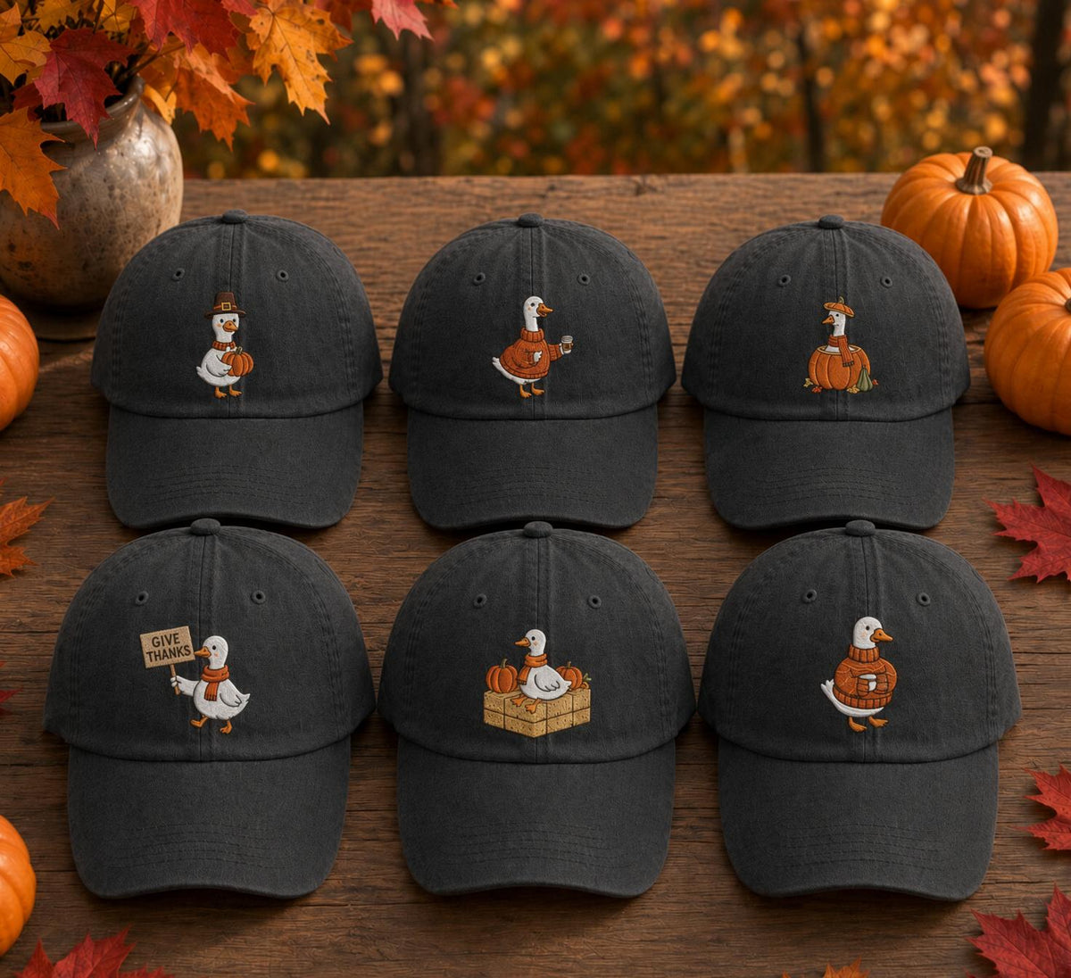 Autumn Goose Embroidered Hat, Cute Pumpkin Coffee Baseball Cap, Fall Animal Lover Gift