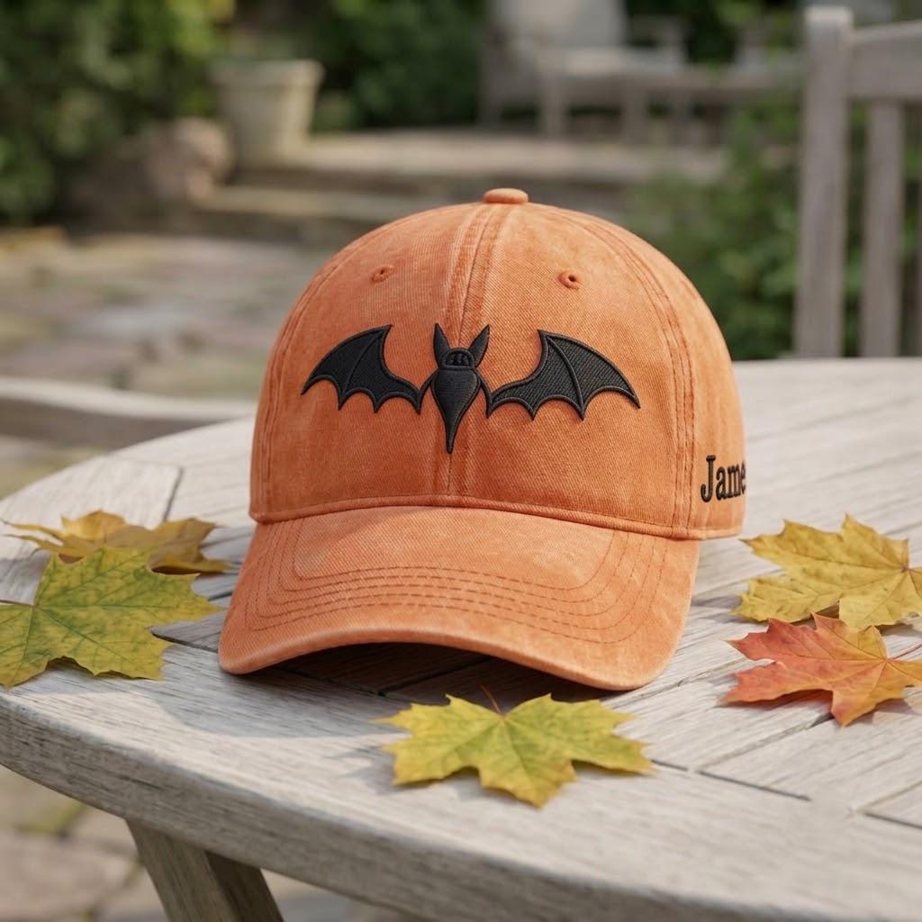 Bat Corduroy Embroidered Cap, Custom Name Halloween Dad Hat, Spooky Season Autumn Hat, Cozy Aesthetic Accessory, Halloween Gift
