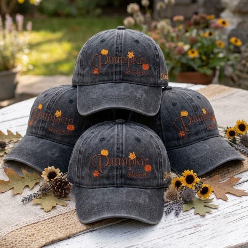 Custom Pumpkin Season Embroidered Hat, Vintage Washed Dad Hat, Personalized Fall Baseball Cap, Cute Autumn Halloween Pumpkin Patch Gifts