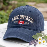 Lake Ontario Canada Flag Embroidered Hat, Vintage Washed Cotton Baseball Cap, Great Lakes Travel Gift