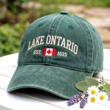 Lake Ontario Canada Flag Embroidered Hat, Vintage Washed Cotton Baseball Cap, Great Lakes Travel Gift