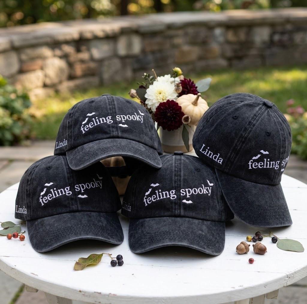 Custom Feeling Spooky Embroidered Hat, Halloween Bat Vintage Washed Dad Hat, Personalized Side Name Baseball Cap, Spooky Season Fall Gifts