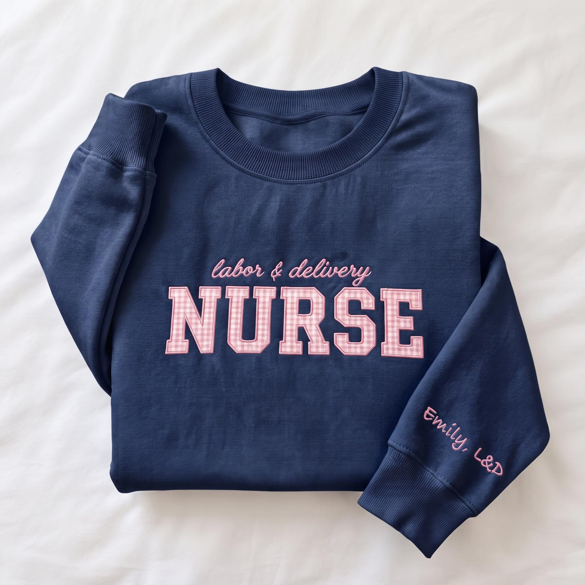 Custom Embroidered Labor and Delivery Nurse Sweatshirt, Custom L and D Nurse Shirt, Coquette Gingham Nurse Crewneck, Future LND Nurse Gift