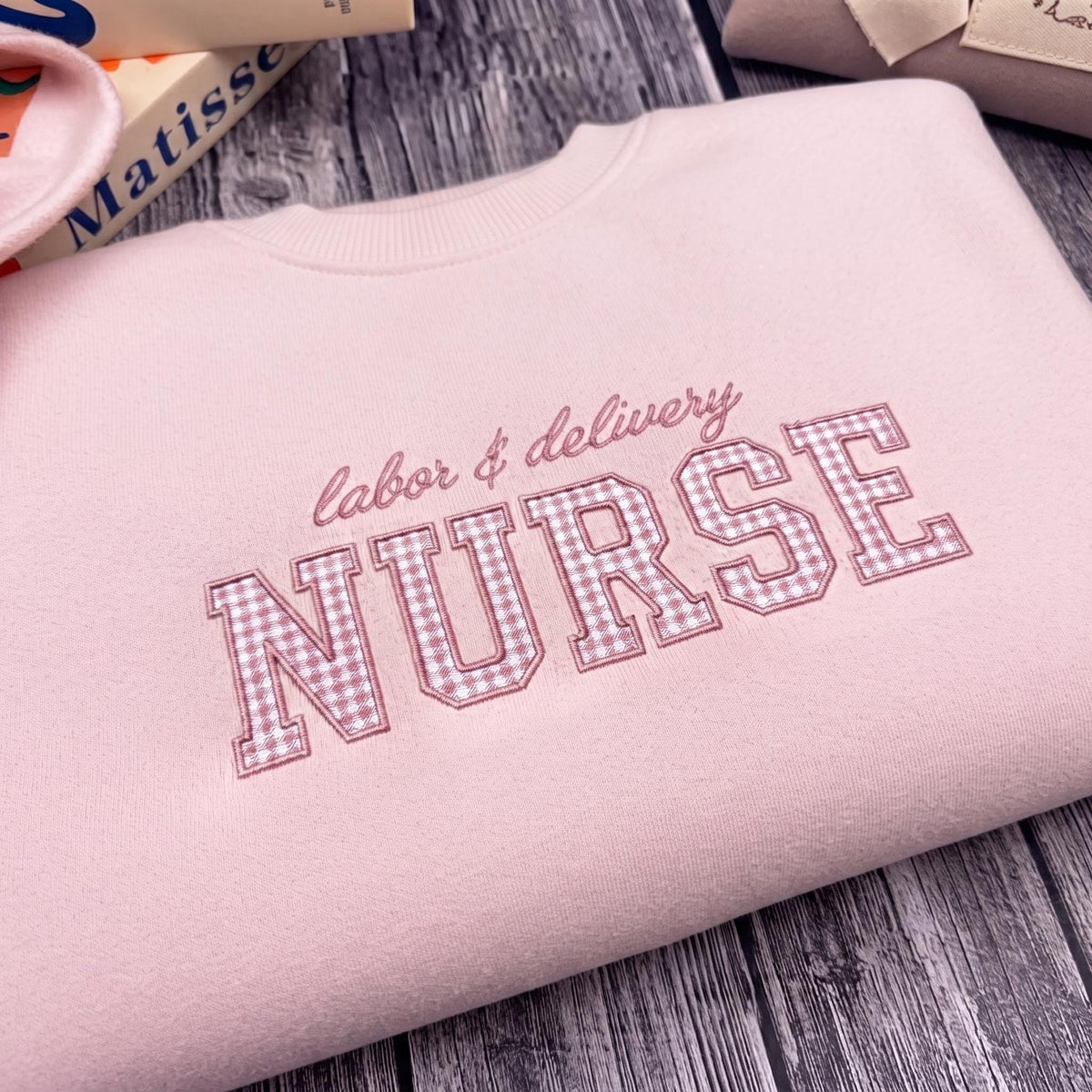Custom Embroidered Labor and Delivery Nurse Sweatshirt, Custom L and D Nurse Shirt, Coquette Gingham Nurse Crewneck, Future LND Nurse Gift