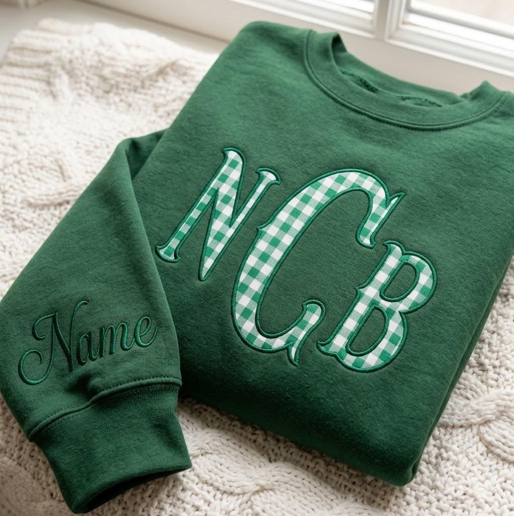 Custom Monogram Gingham Embroidered Sweatshirt, Personalized Varsity Initials Crewneck