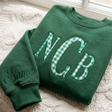 Custom Monogram Gingham Embroidered Sweatshirt, Personalized Varsity Initials Crewneck
