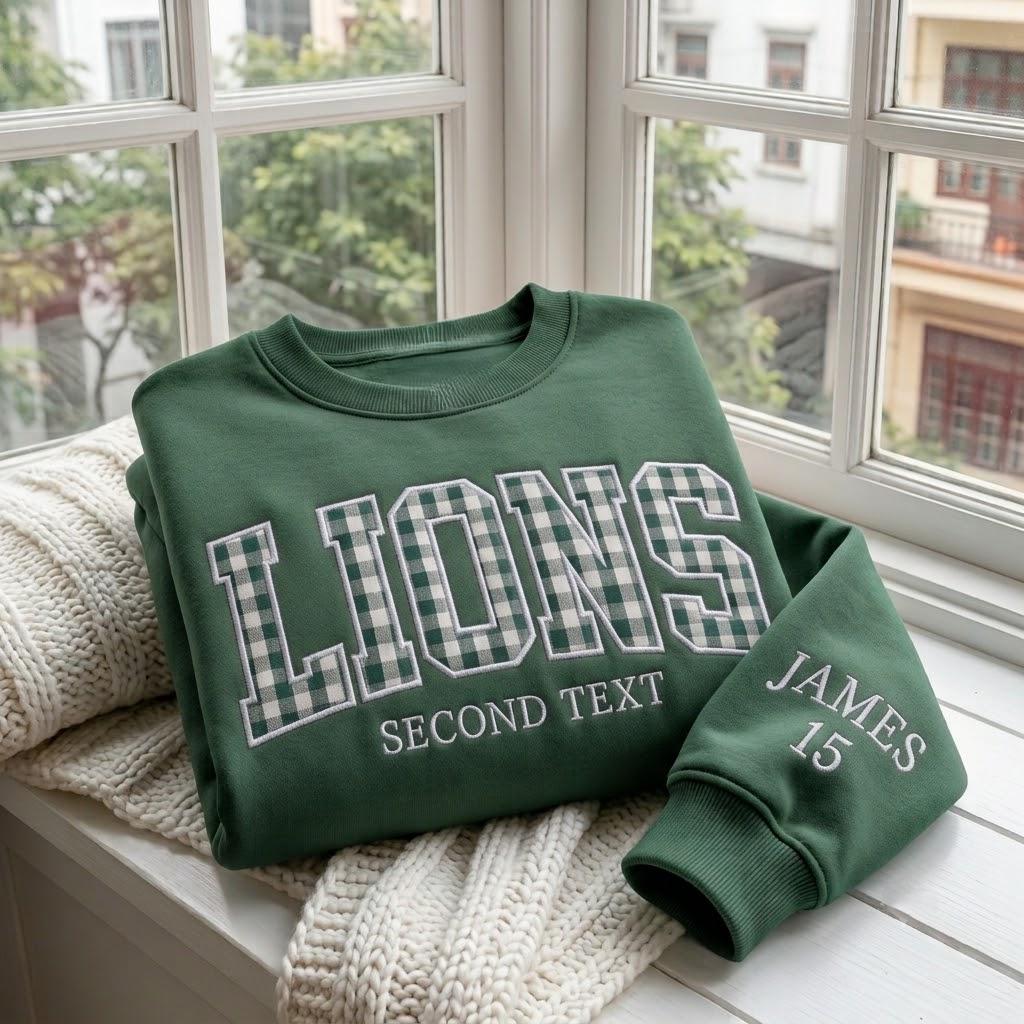 Custom Varsity Gingham Embroidered Sweatshirt, Personalized Applique College Crewneck