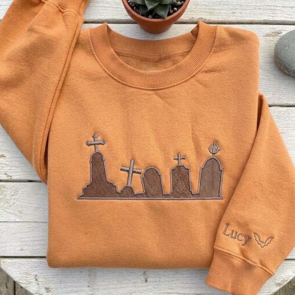 Custom Embroidered Cemetery Sweatshirt, Personalized Sleeve Name Goth Crewneck