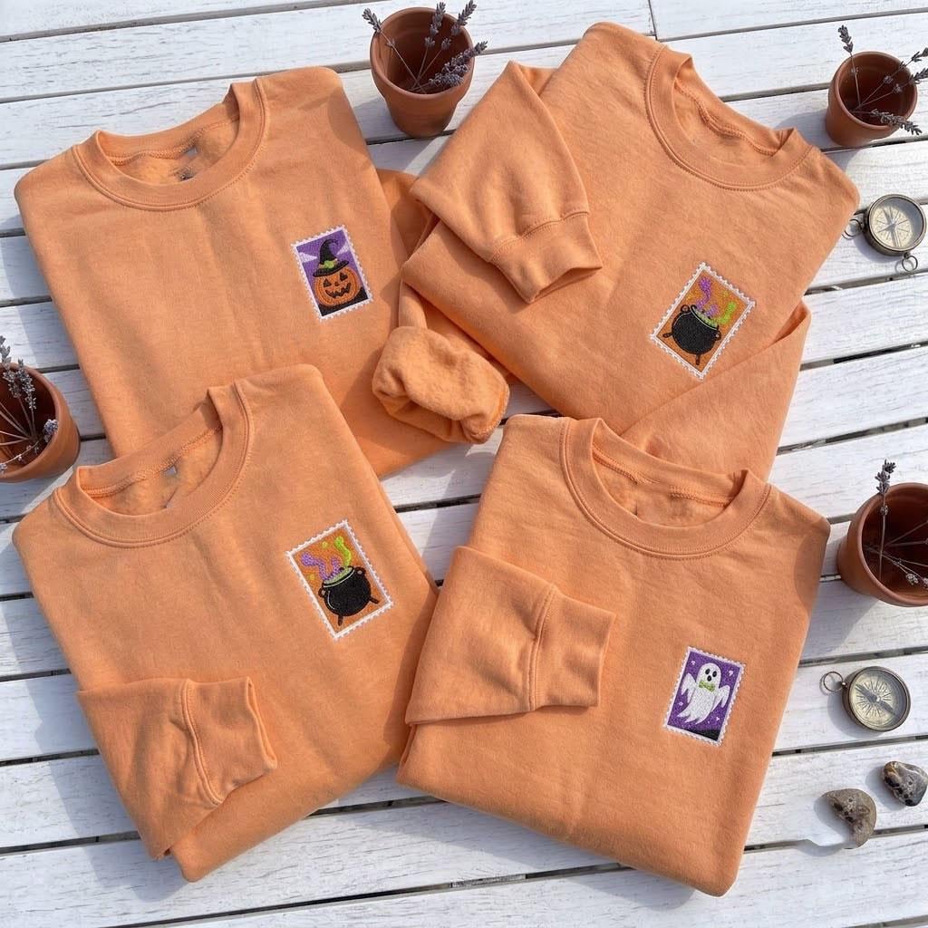 Custom Embroidered Halloween Postage Stamp Sweatshirt, Cute Spooky Fall Crewneck