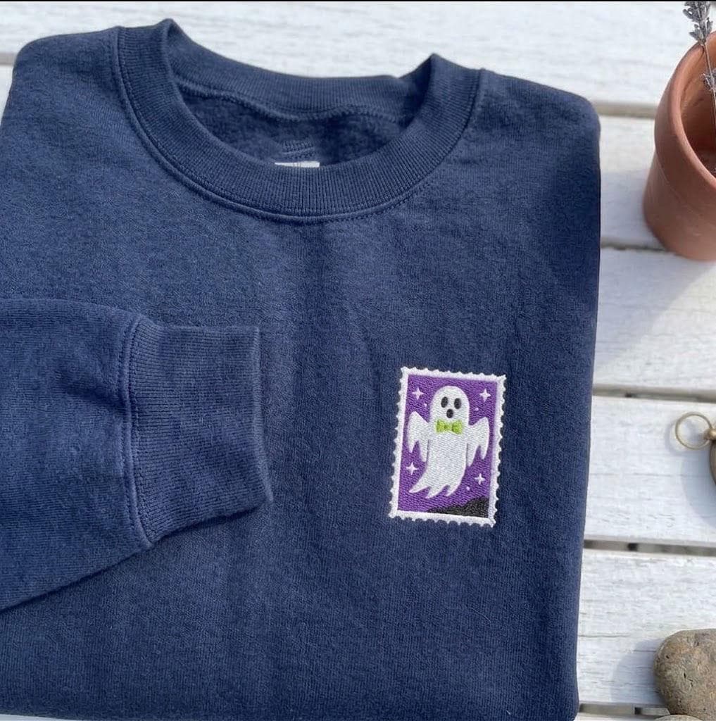 Custom Embroidered Halloween Postage Stamp Sweatshirt, Cute Spooky Fall Crewneck