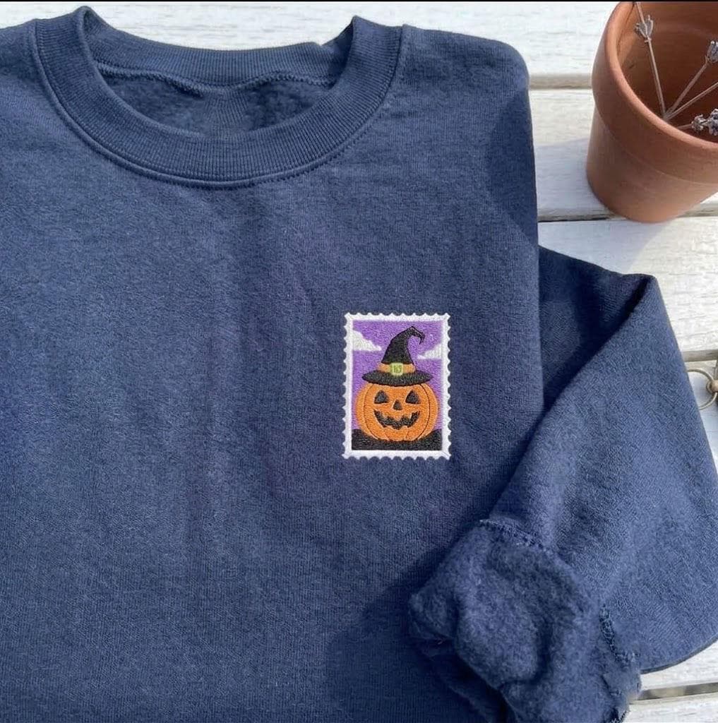 Custom Embroidered Halloween Postage Stamp Sweatshirt, Cute Spooky Fall Crewneck