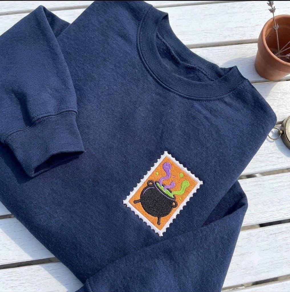 Custom Embroidered Halloween Postage Stamp Sweatshirt, Cute Spooky Fall Crewneck