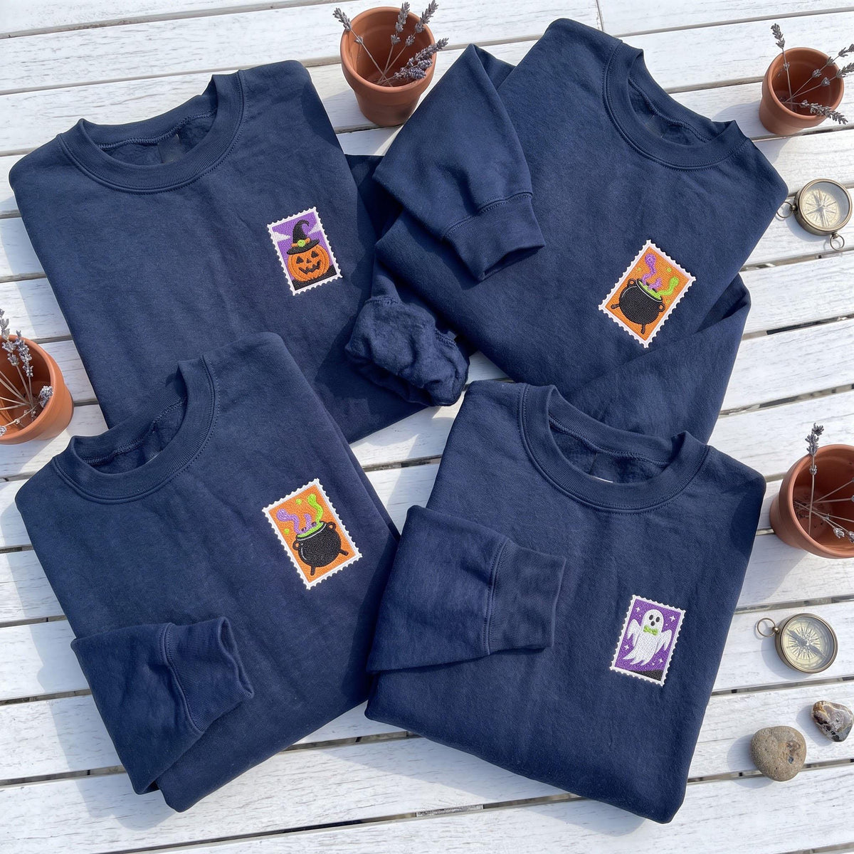 Custom Embroidered Halloween Postage Stamp Sweatshirt, Cute Spooky Fall Crewneck