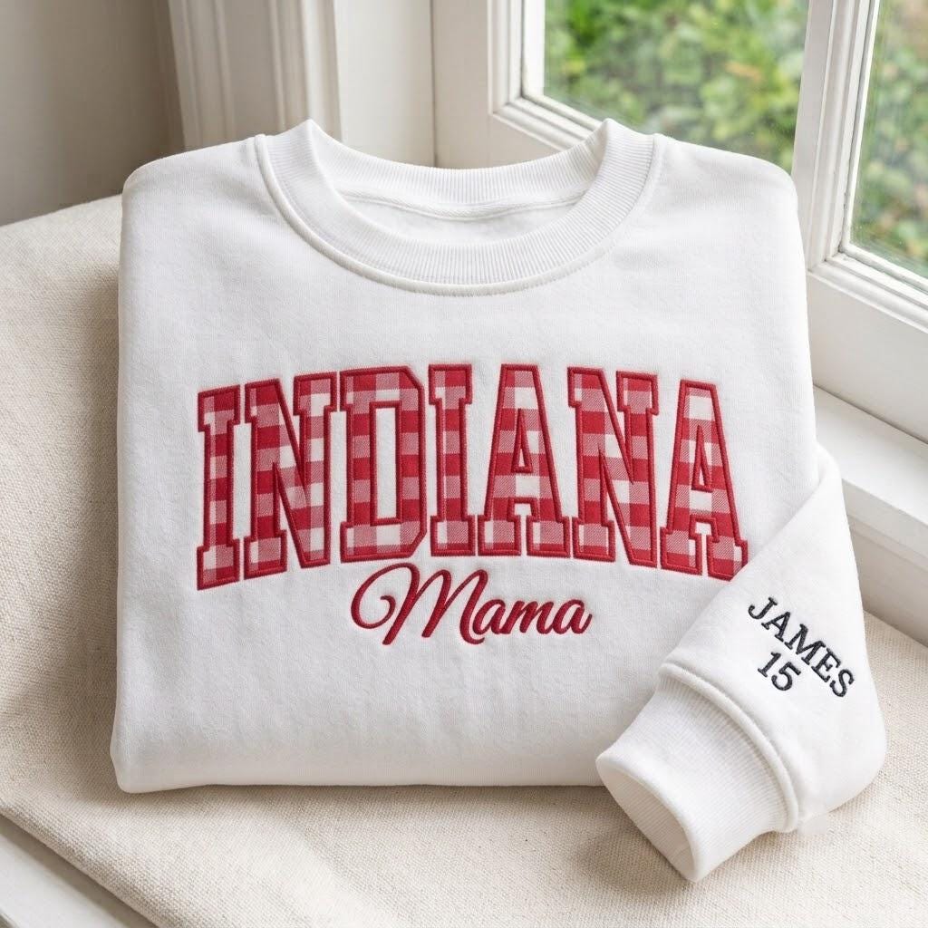 Custom Gingham State Name Embroidered Sweatshirt, Personalized Hometown Mama Crewneck