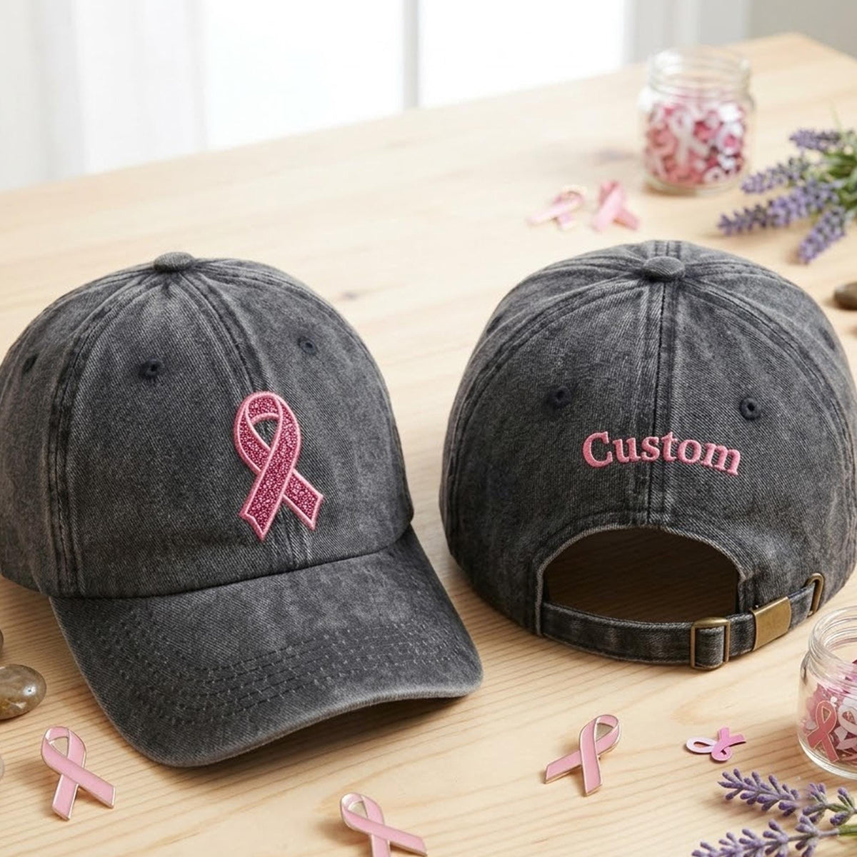 Personalized Glitter Pink Ribbon Embroidered Hat, Custom Cancer Walk Team Baseball Cap