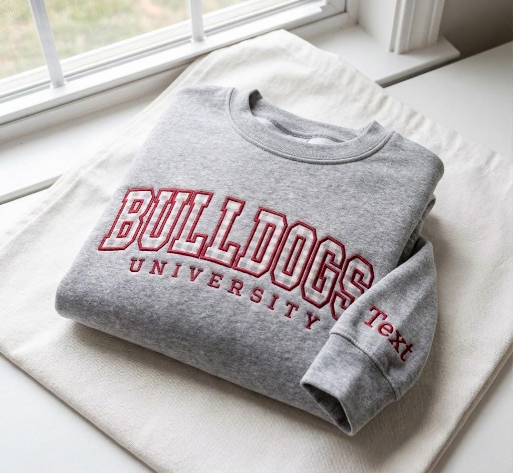 Custom Applique Collegiate Embroidered Sweatshirt, Personalized Gingham Varsity Crewneck