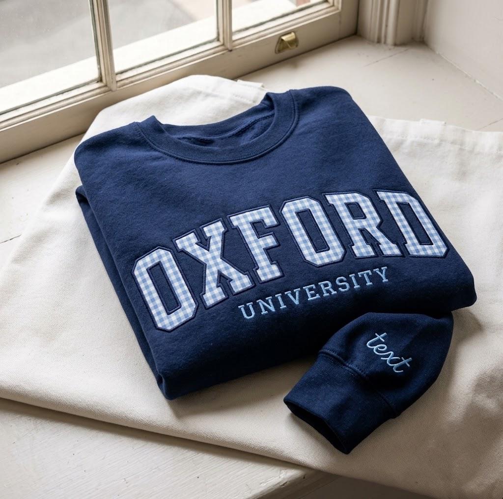 Embroidered Custom University Gingham Sweatshirt, Personalized Applique Varsity Crewneck