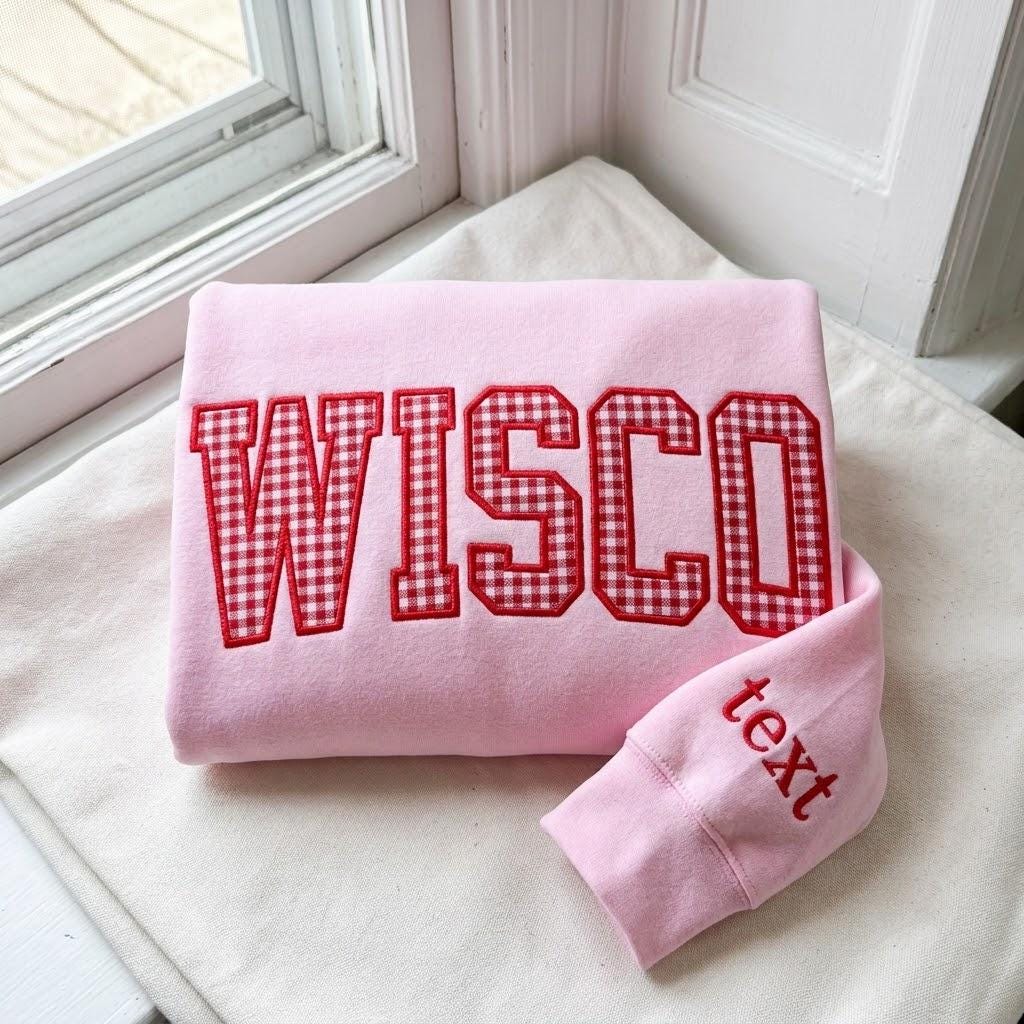 Embroidered Custom University Gingham Sweatshirt, Personalized Applique Varsity Crewneck