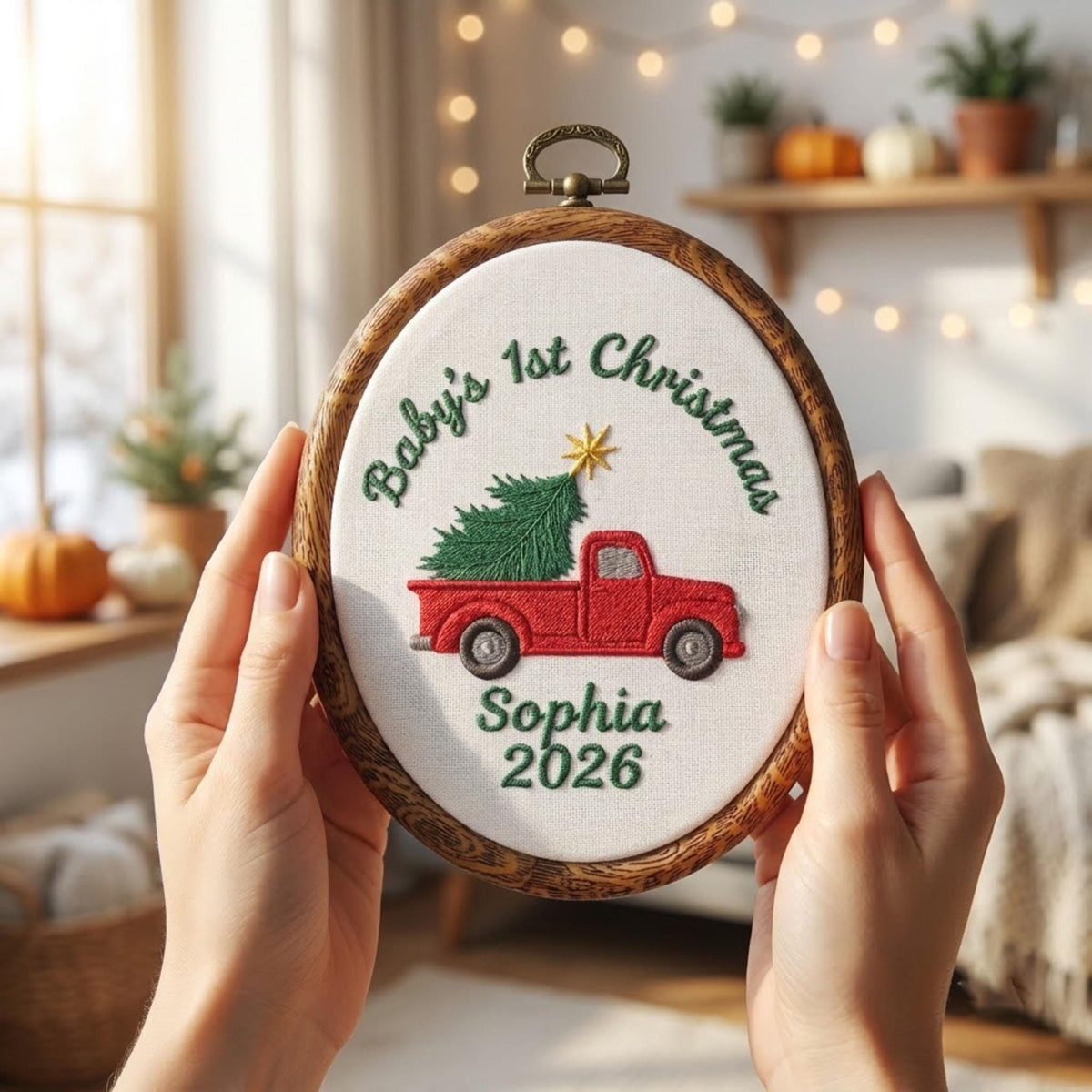 Personalized Baby 1st Christmas Ornament 2026 - Embroidered Vintage Red Truck Hoop Keepsake