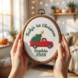Personalized Baby 1st Christmas Ornament 2026 - Embroidered Vintage Red Truck Hoop Keepsake