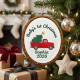 Personalized Baby 1st Christmas Ornament 2026 - Embroidered Vintage Red Truck Hoop Keepsake