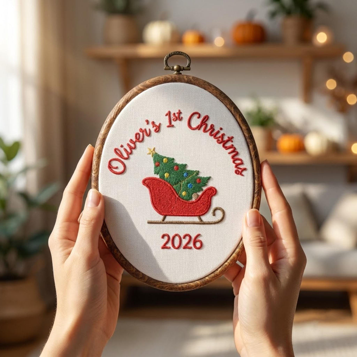 Personalized Baby Boy 1st Christmas Ornament 2026 - Embroidered Sleigh Tree Keepsake Hoop