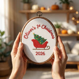 Personalized Baby Boy 1st Christmas Ornament 2026 - Embroidered Sleigh Tree Keepsake Hoop