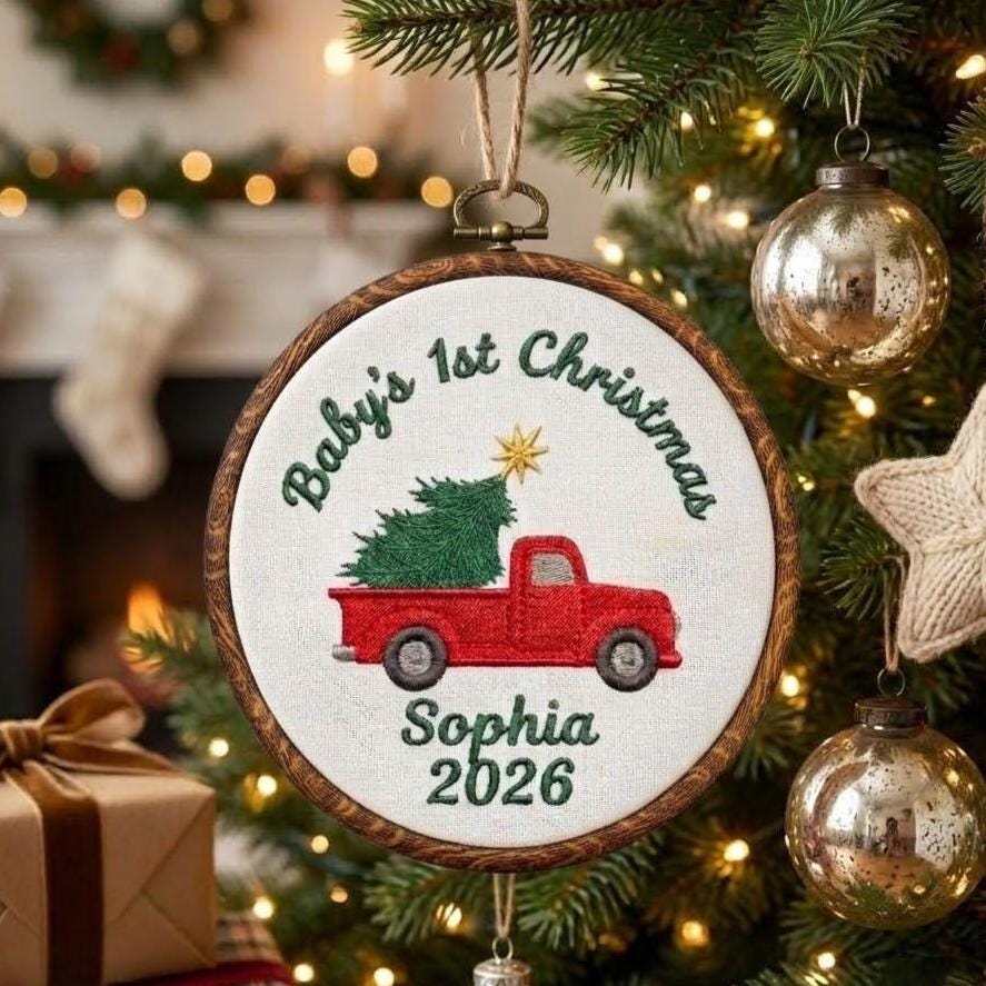 Personalized Baby 1st Christmas Ornament 2026 - Embroidered Vintage Red Truck Hoop Keepsake