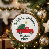 Personalized Baby 1st Christmas Ornament 2026 - Embroidered Vintage Red Truck Hoop Keepsake