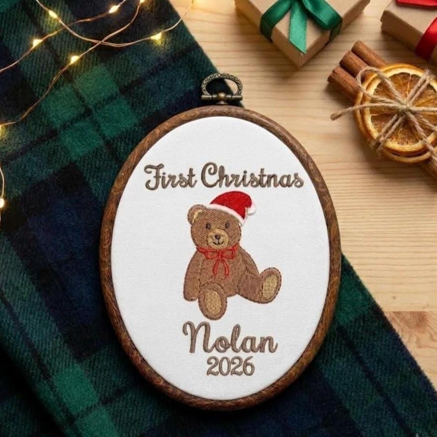 Personalized Baby 1st Christmas Ornament, Teddy Bear Keepsake, Custom Name First Xmas Hoop 2026, New Baby Boy Gift