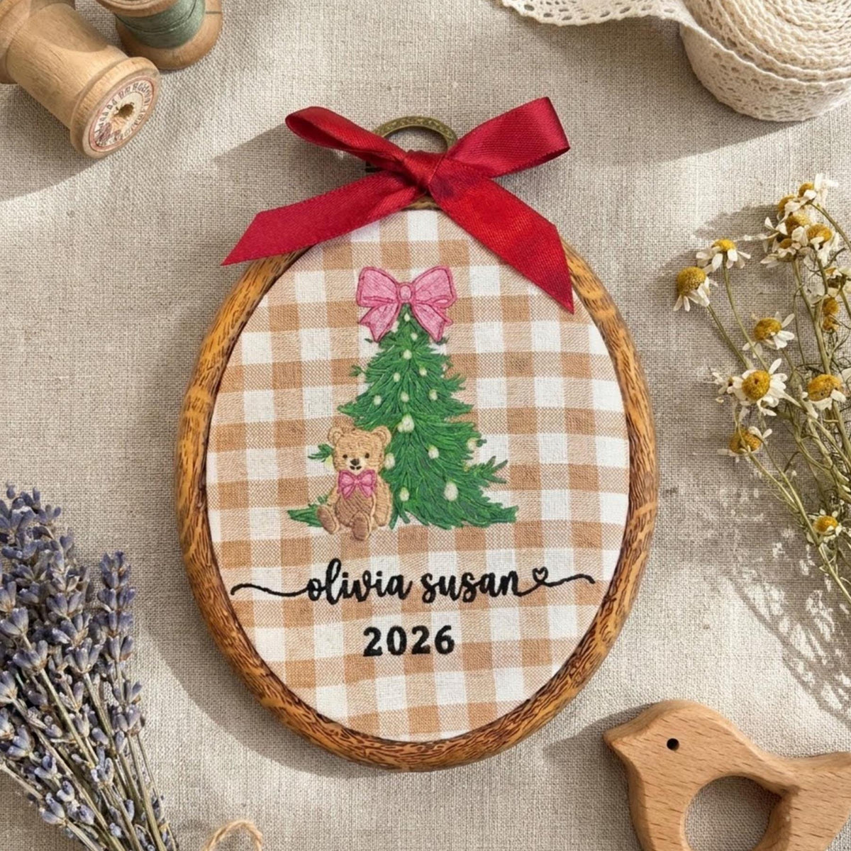 Personalized Baby First Christmas Ornament, Gingham Plaid Tree Hoop, Custom Name Xmas 2026 Keepsake, New Baby Girl Gift