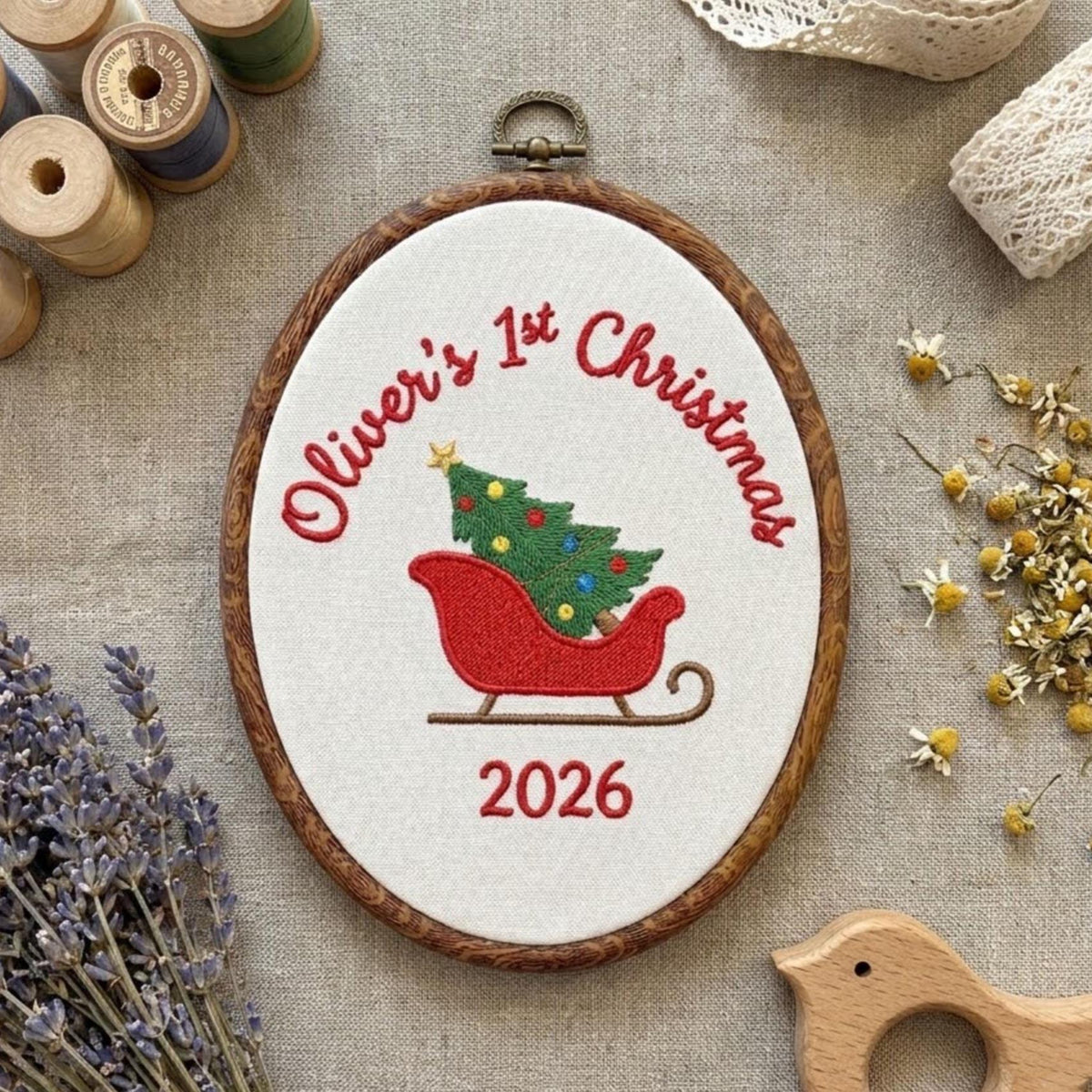 Personalized Baby Boy 1st Christmas Ornament 2026 - Embroidered Sleigh Tree Keepsake Hoop