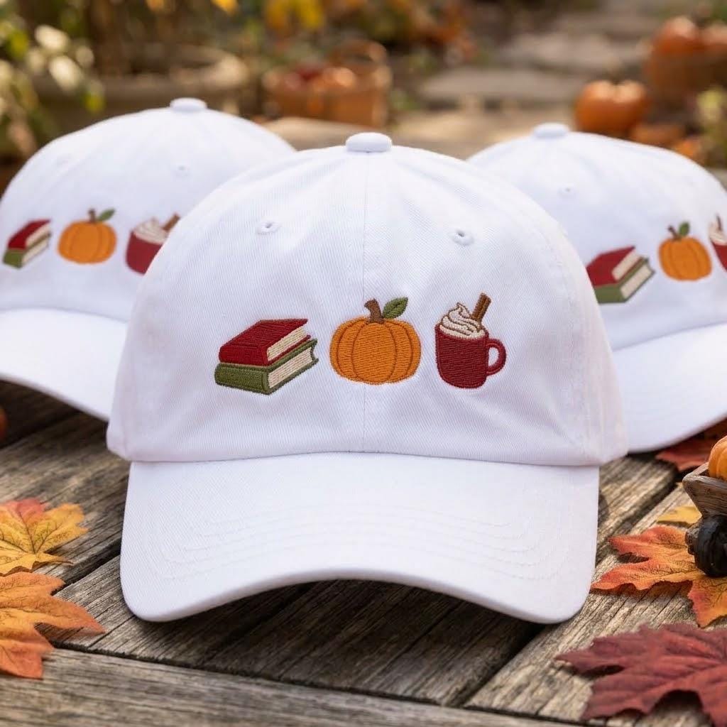 Cute Icons Fall Reader Embroidered Hat, Pumpkin Spice Dad Cap, Bookish Coffee Outdoor Accessory, Autumn Vibes Halloween, Holiday Gift