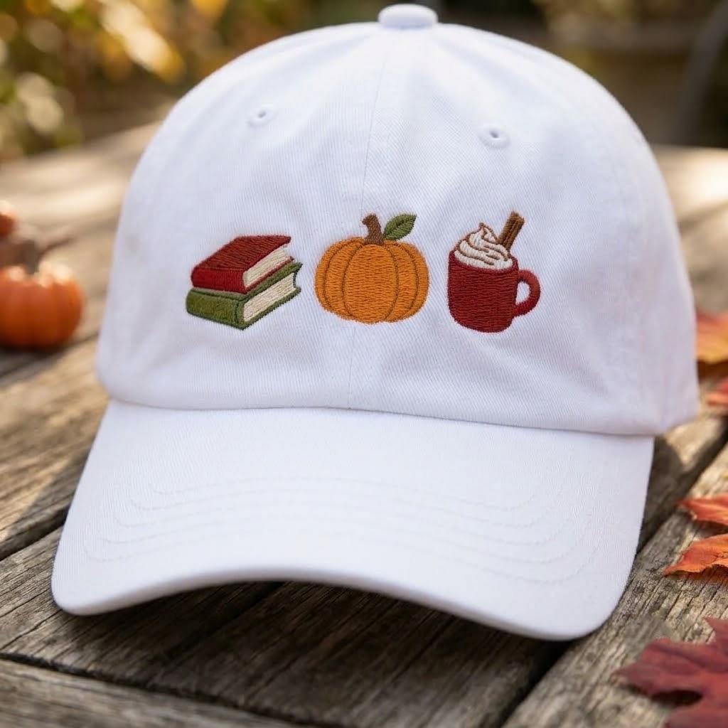 Cute Icons Fall Reader Embroidered Hat, Pumpkin Spice Dad Cap, Bookish Coffee Outdoor Accessory, Autumn Vibes Halloween, Holiday Gift
