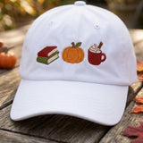 Cute Icons Fall Reader Embroidered Hat, Pumpkin Spice Dad Cap, Bookish Coffee Outdoor Accessory, Autumn Vibes Halloween, Holiday Gift