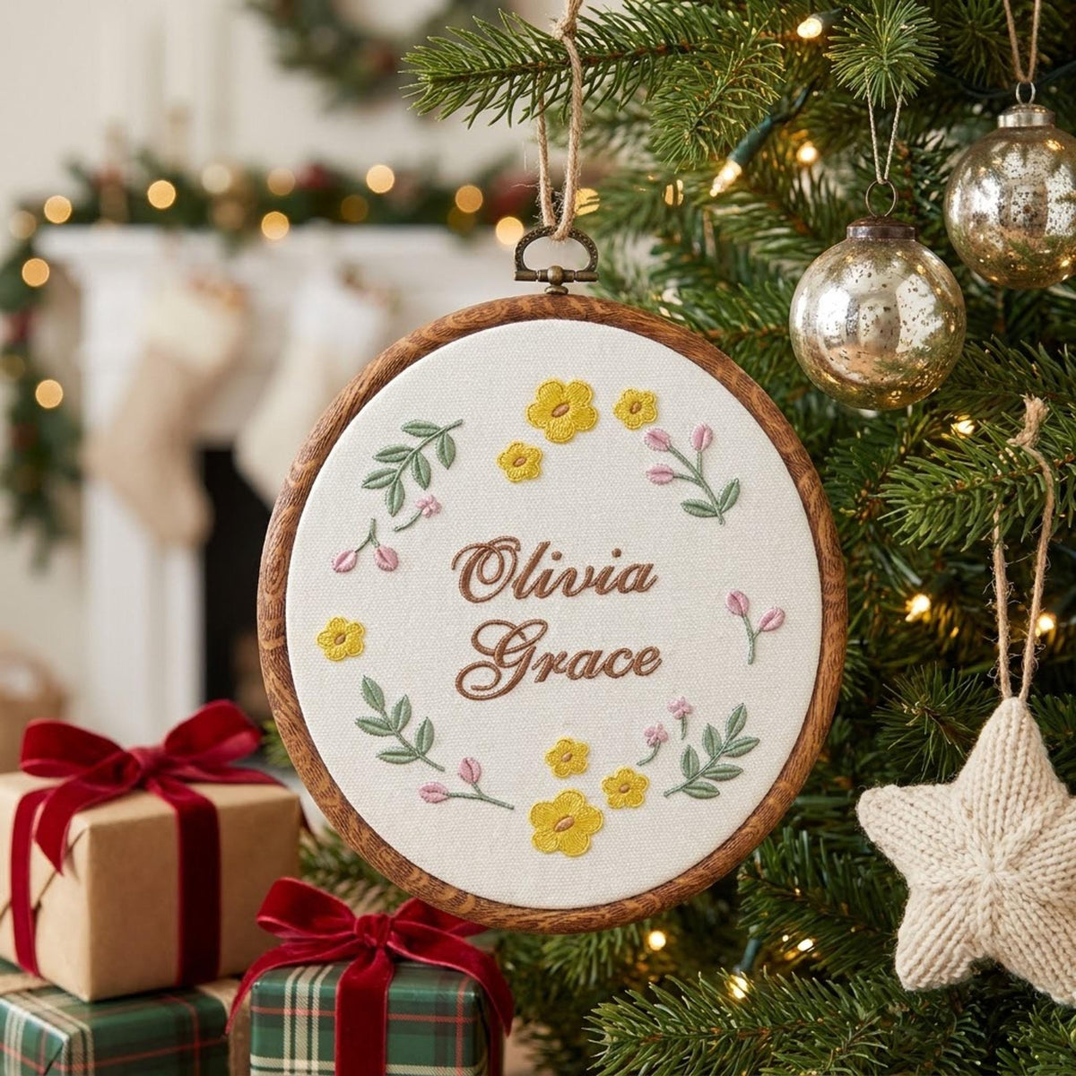 Personalized Floral Baby Name Sign, Rose Wreath Embroidery Hoop Art, Custom Nursery Wall Decor, Baby Shower Girl Gift