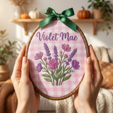 Personalized Floral Name Sign, Pink Gingham Nursery Decor, Custom Lavender Hoop Art, Embroidered Baby Girl Gift