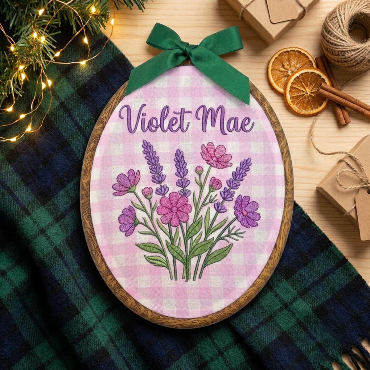 Personalized Floral Name Sign, Pink Gingham Nursery Decor, Custom Lavender Hoop Art, Embroidered Baby Girl Gift