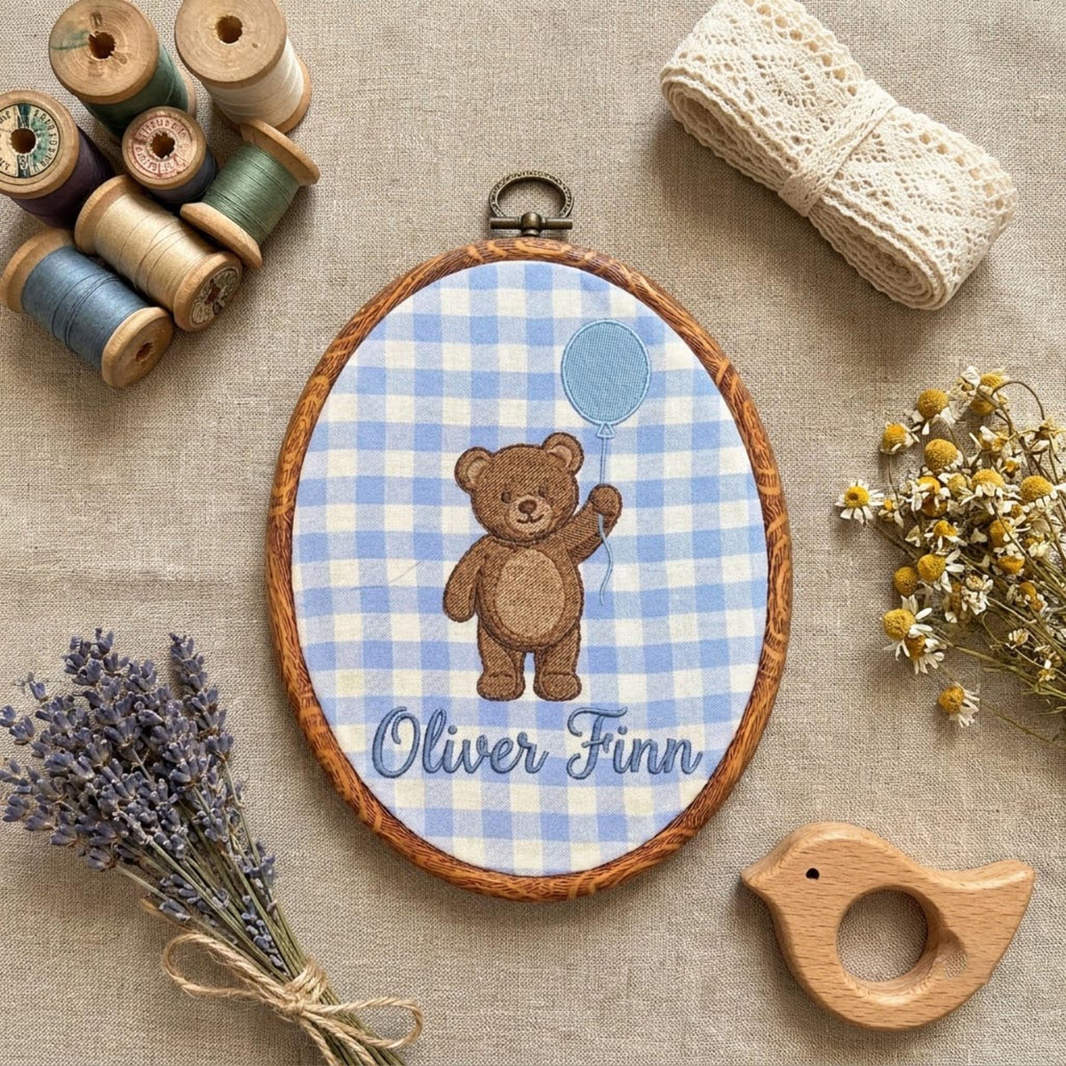 Personalized Teddy Bear Embroidery Hoop Art, Custom Baby Boy Name Sign, Nursery Wall Hanging Decor, Baby Shower Keepsake