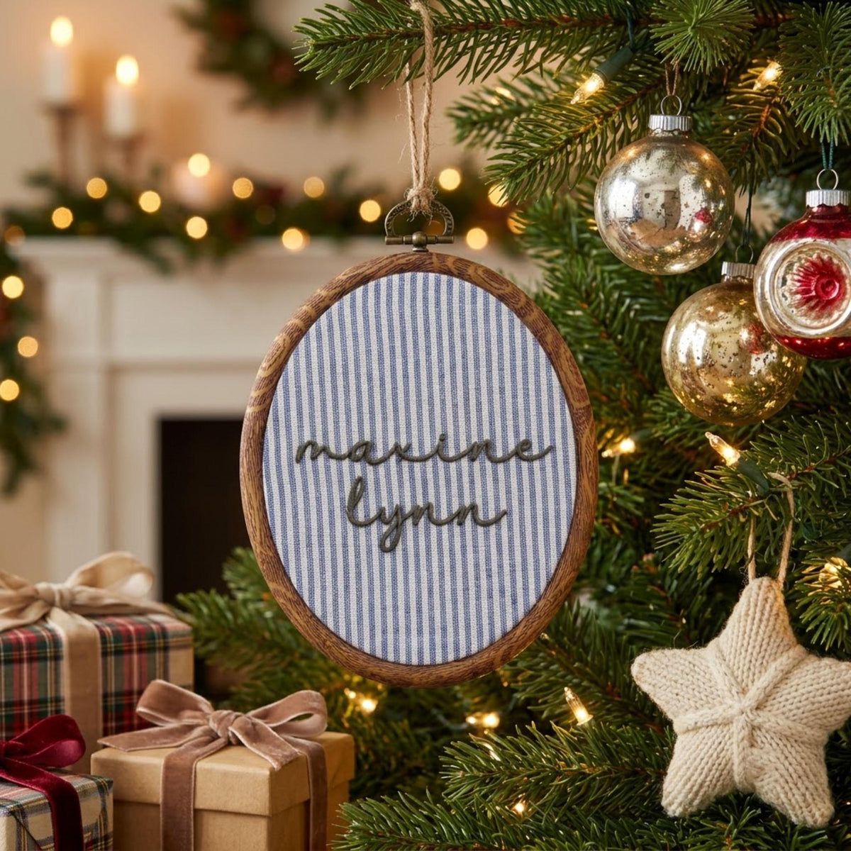 Personalized Name Sign, Gingham Plaid Embroidery Hoop Art, Custom Nursery Wall Decor, Baby Shower Keepsake Gift