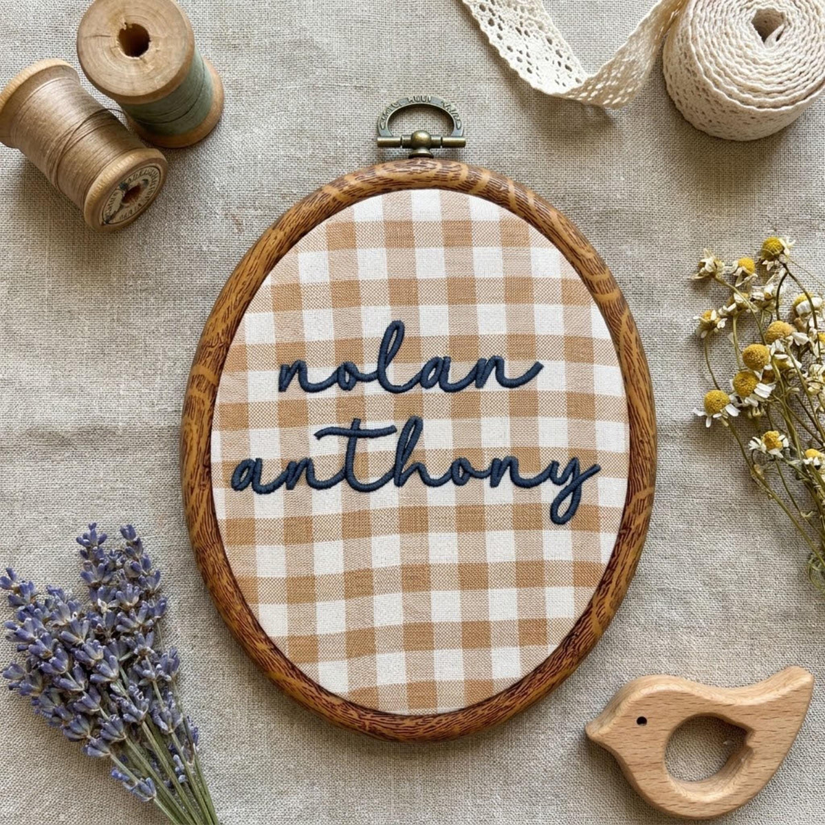 Personalized Name Sign, Gingham Plaid Embroidery Hoop Art, Custom Nursery Wall Decor, Baby Shower Keepsake Gift