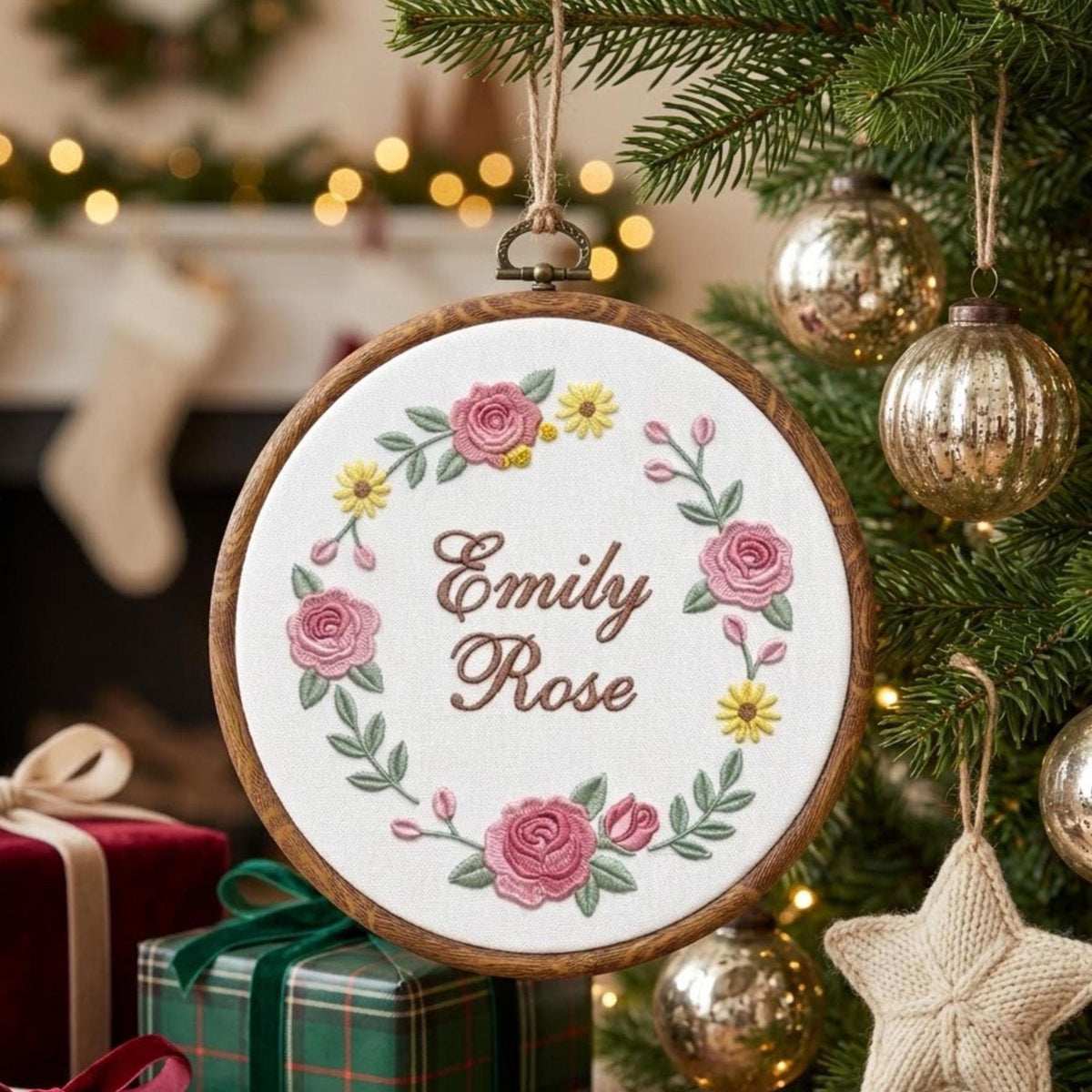 Personalized Floral Baby Name Sign, Rose Wreath Embroidery Hoop Art, Custom Nursery Wall Decor, Baby Girl Christmas Gift