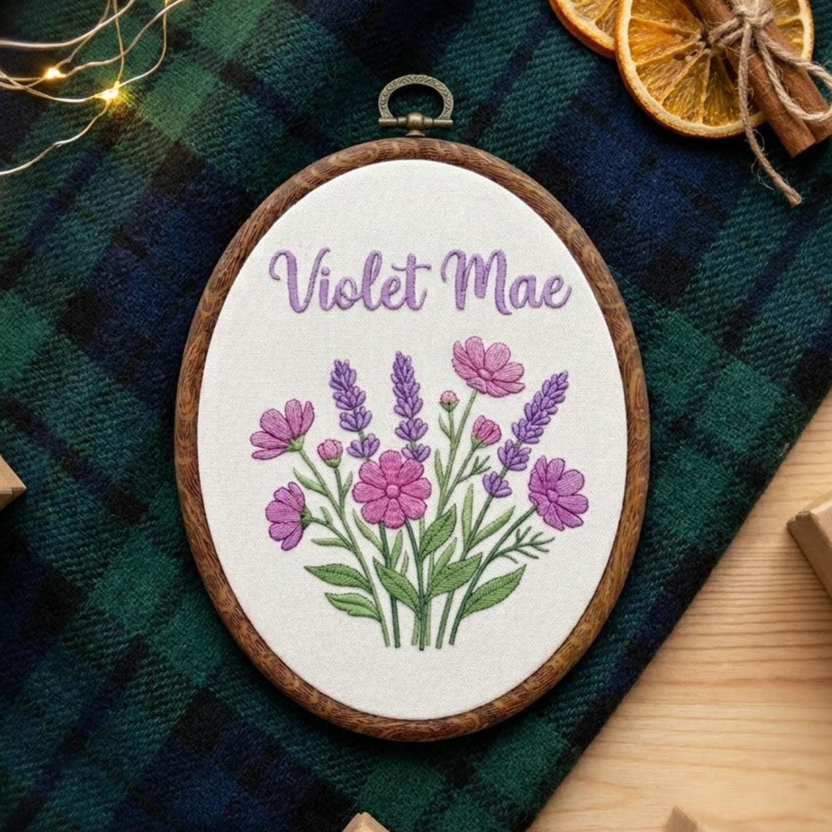 Personalized Floral Name Sign, Pink Gingham Nursery Decor, Custom Lavender Hoop Art, Embroidered Baby Girl Gift