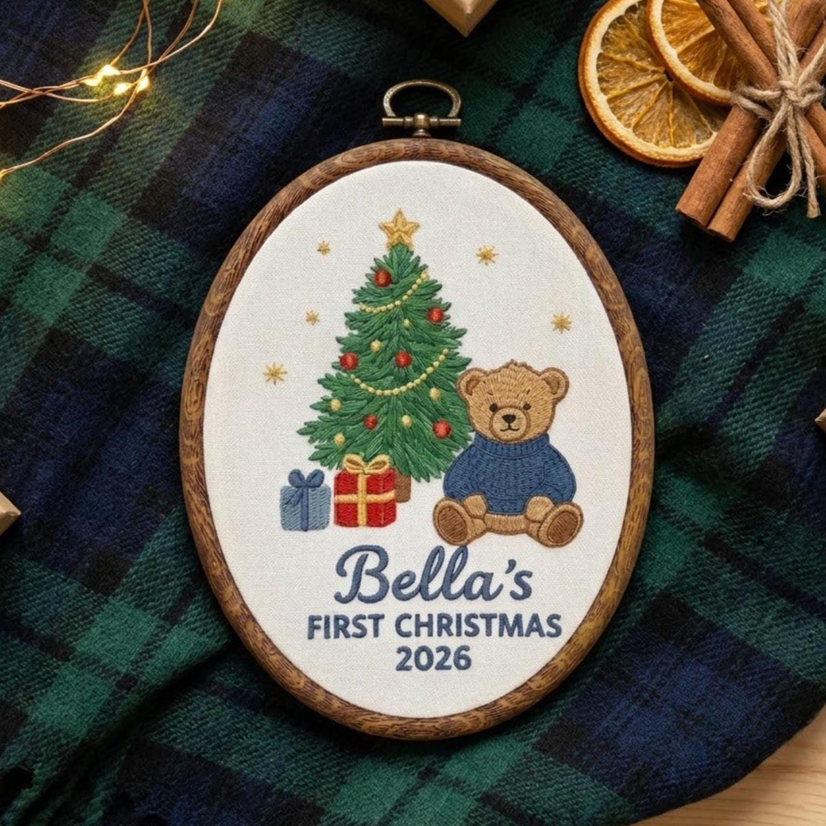 Personalized Baby 1st Christmas Ornament, Plaid Teddy Bear Keepsake, Custom First Xmas Hoop 2026, Holiday New Baby Gift