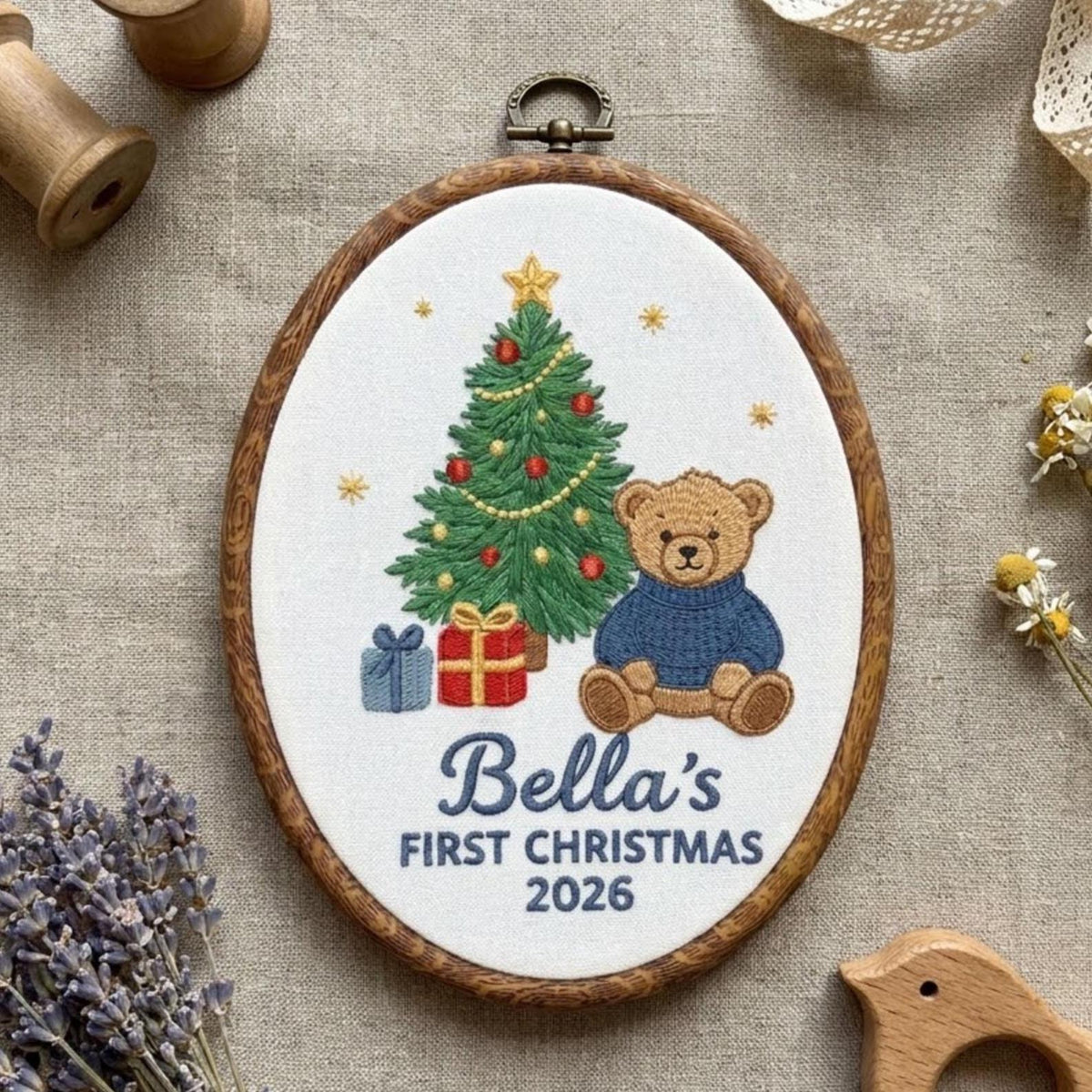 Personalized Baby 1st Christmas Ornament, Plaid Teddy Bear Keepsake, Custom First Xmas Hoop 2026, Holiday New Baby Gift