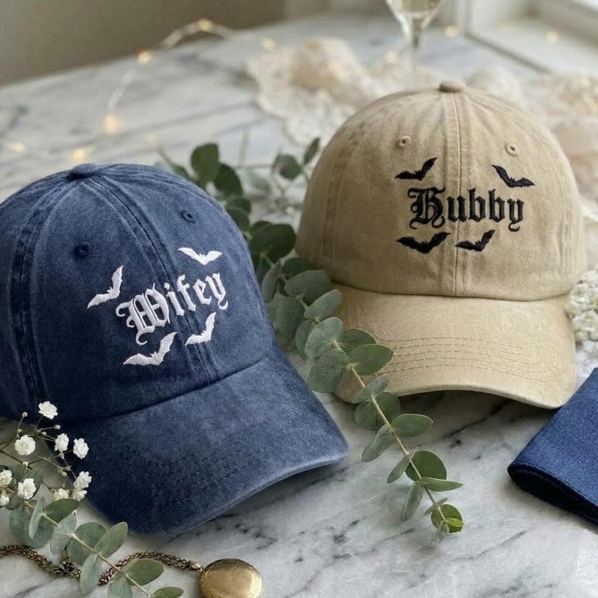 Matching Gothic Couple Embroidered Hats, Halloween Husband Wife Baseball Caps, Wedding Gift