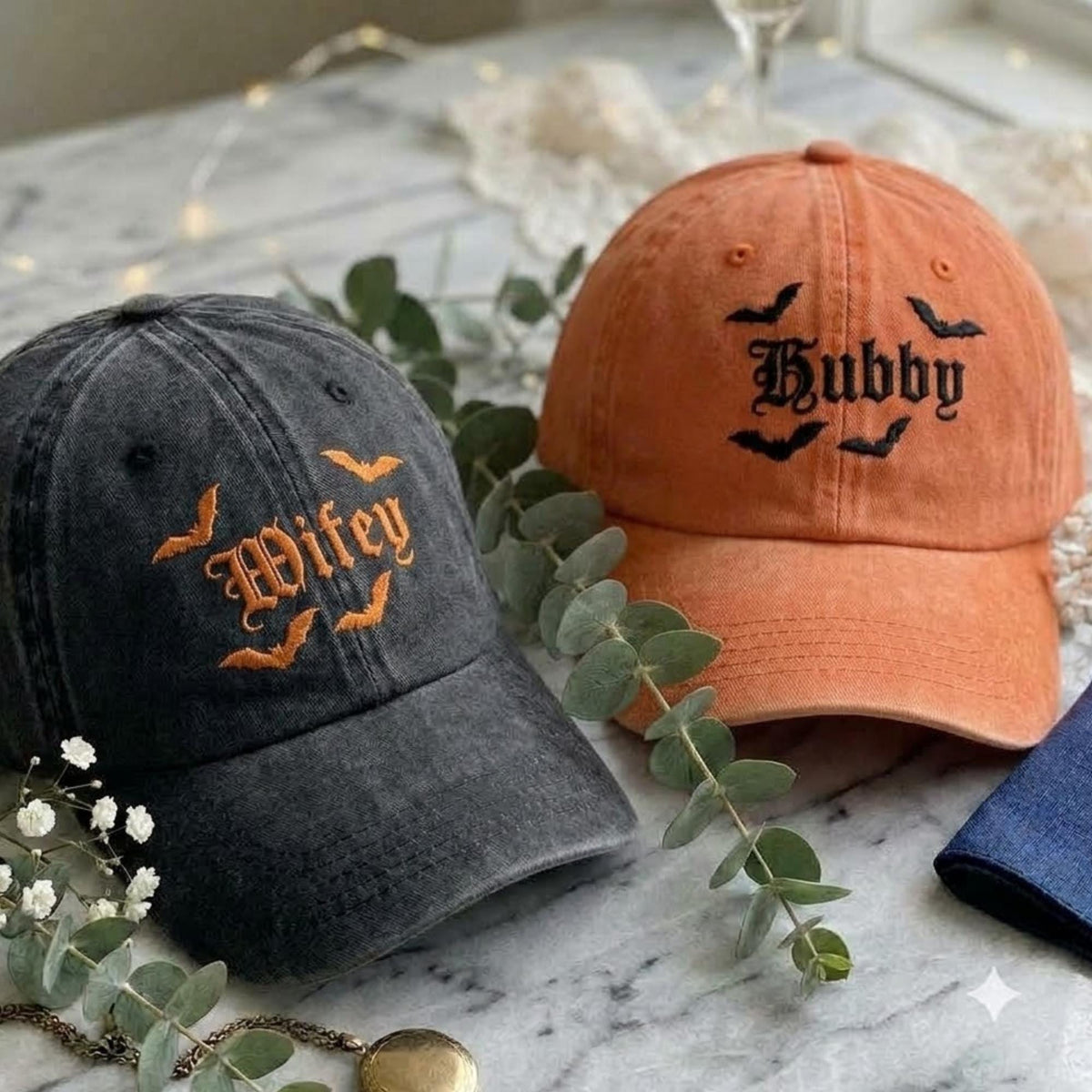 Matching Gothic Couple Embroidered Hats, Halloween Husband Wife Baseball Caps, Wedding Gift