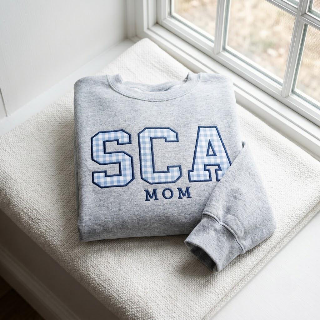 Custom Monogram Gingham Applique Sweatshirt, Embroidered Varsity Family Matching Crewneck