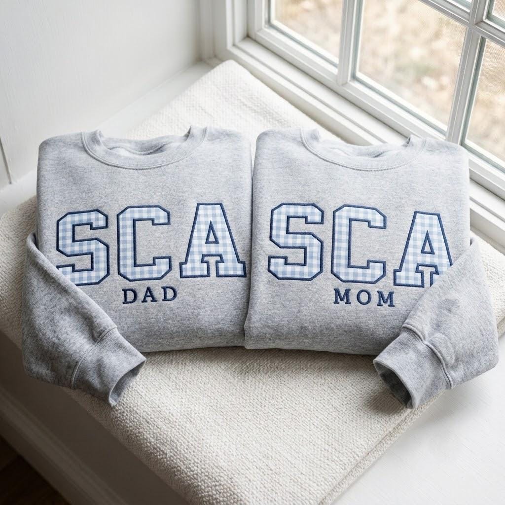 Custom Monogram Gingham Applique Sweatshirt, Embroidered Varsity Family Matching Crewneck